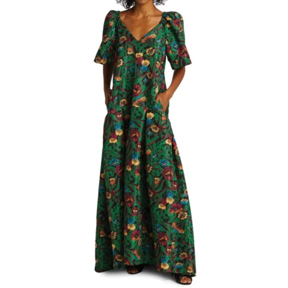 L Double J | Size M | Boom Green Floral Floor Length Gown w/ Pockets | ($1,150) - Picture 1 of 11